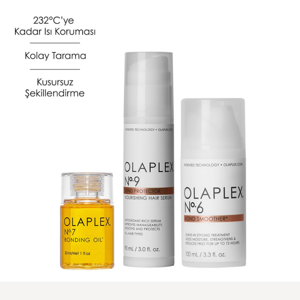 OLAPLEX ANTI-FRIZZ TRIO – Elektriklenme Karşıtı, Parlaklık ve Isı Koruyucu 3’lü Saç Bakım Seti