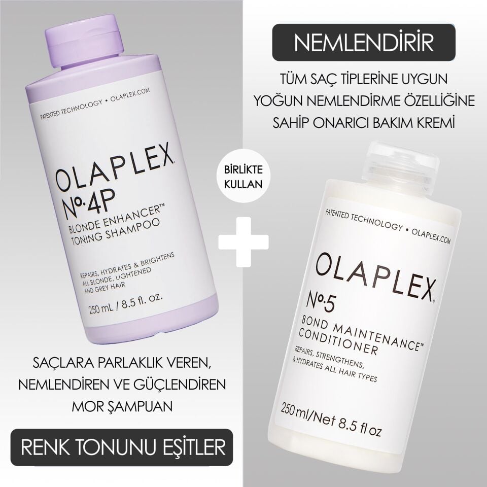 OLAPLEX BLONDE ENHANCER DUO – Sarı ve Açık Saçlar İçin Mor Şampuan ve Nemlendirici Bakım İkilisi
