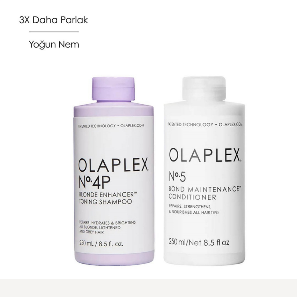 OLAPLEX BLONDE ENHANCER DUO – Sarı ve Açık Saçlar İçin Mor Şampuan ve Nemlendirici Bakım İkilisi